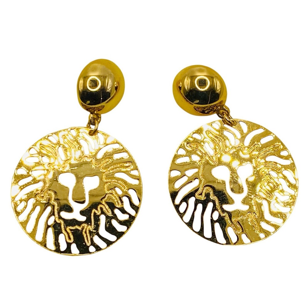 80's Anne Klein Style Iconic Goldtone LionHead Medallion ClipOn Dangle Earrings